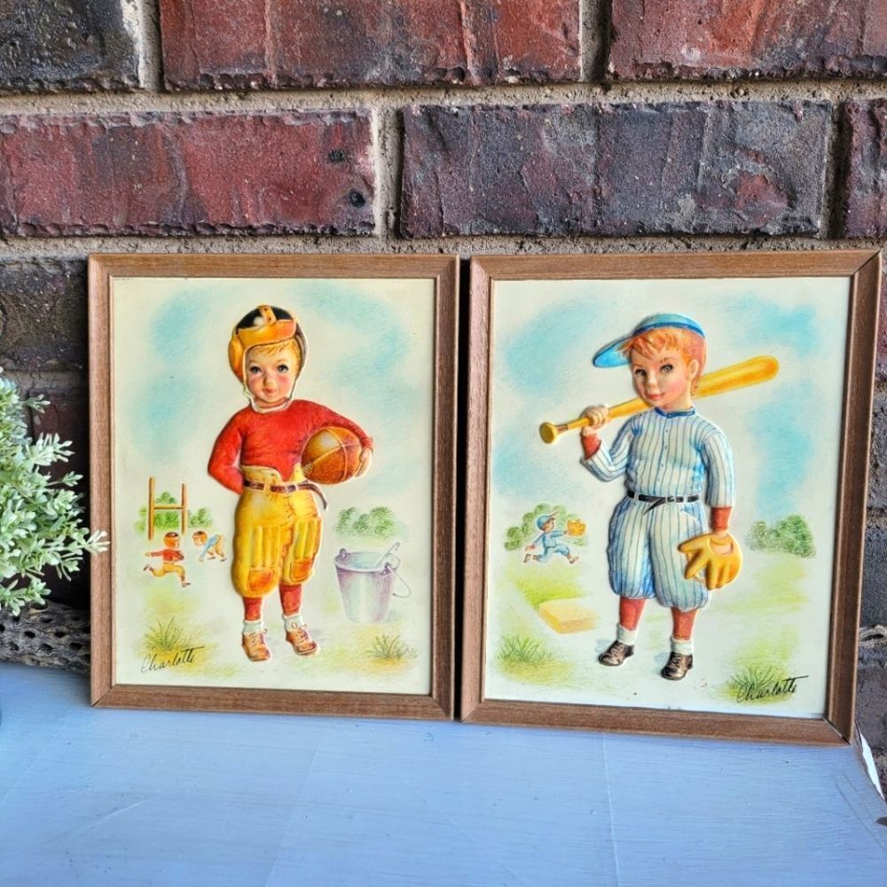 Pair of 1950's Metalcraft Framed 3D Baseball & Football Prints ⚾ 🏈